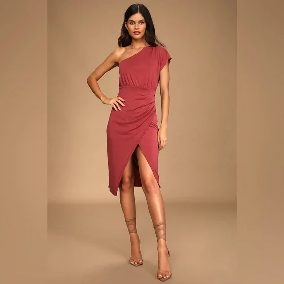 Lulu's Raise a Glass One Shoulder Midi Dress Size S Wedding Cocktail Rusty Rose - Picture 1 of 13
